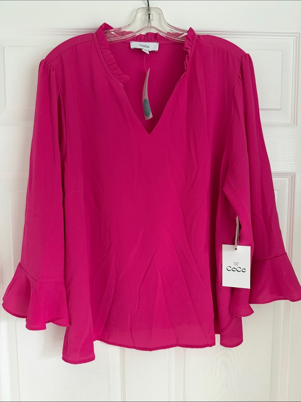 CeCe Fuchsia Ruffle-Trim V-Neck Blouse